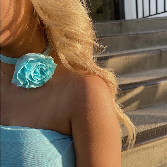 Rosette Romance Mesh Strapless Dress with Rosette Accessory in Blue - Picture 3 of 7